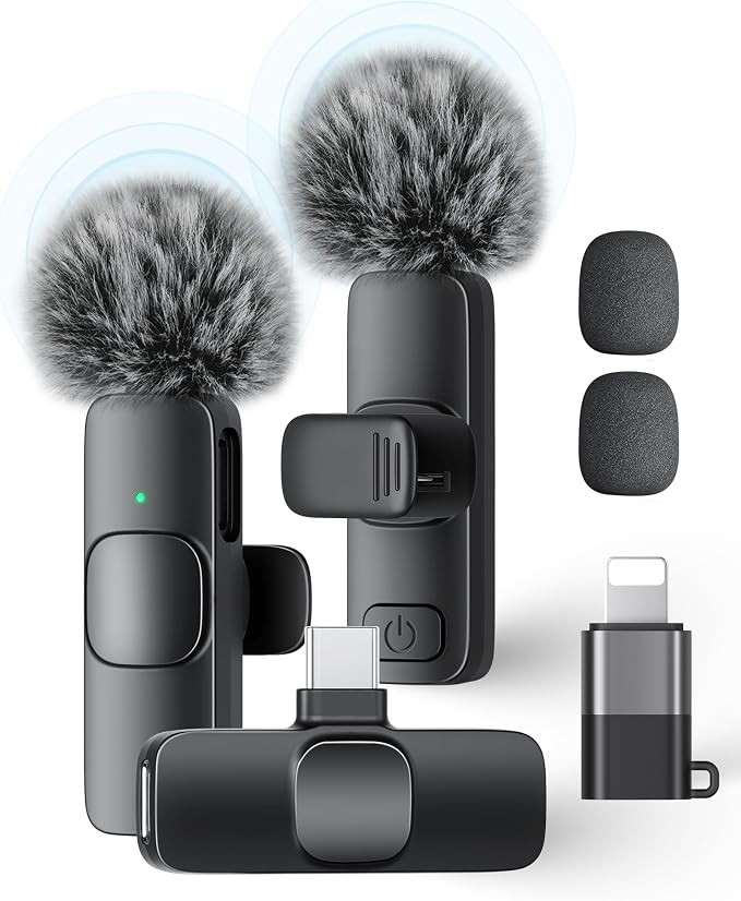 Wireless Lavalier Microphone for iPhone iPad and Android Phone, 2 Pack Lapel Mic Plug and Play Wireless Mic Noise Reduction Microphone for Video Recording Interview Podcast (Black)