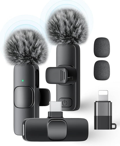 Wireless Lavalier Microphone for iPhone iPad and Android Phone, 2 Pack Lapel Mic Plug and Play Wireless Mic Noise Reduction Microphone for Video Recording Interview Podcast (Black)