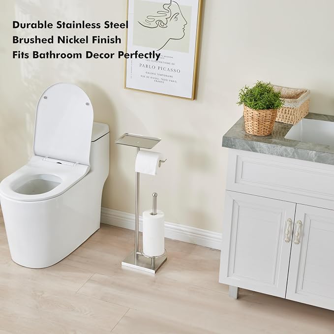Toilet Paper Holder with Tray at The Top, Heavy-Weighted Stainless Steel Base No Wobbly, Freestanding Toilet Paper Rolls Stand, Hold Extra 3 Paper Rolls On The Base (Brushed Nickel)