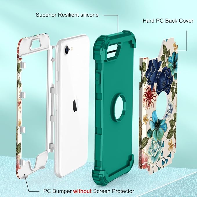 Hocase for iPhone SE 2022/2020 Case, Heavy Duty Shockproof Protection Hard Plastic+Silicone Rubber Hybrid Protective Case for iPhone SE 3rd/2nd Generation (4.7") - Teal Flowers