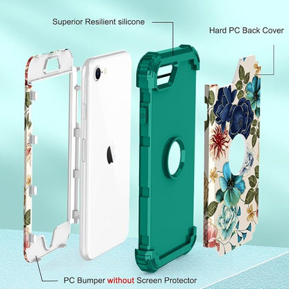 Hocase for iPhone SE 2022/2020 Case, Heavy Duty Shockproof Protection Hard Plastic+Silicone Rubber Hybrid Protective Case for iPhone SE 3rd/2nd Generation (4.7") - Teal Flowers