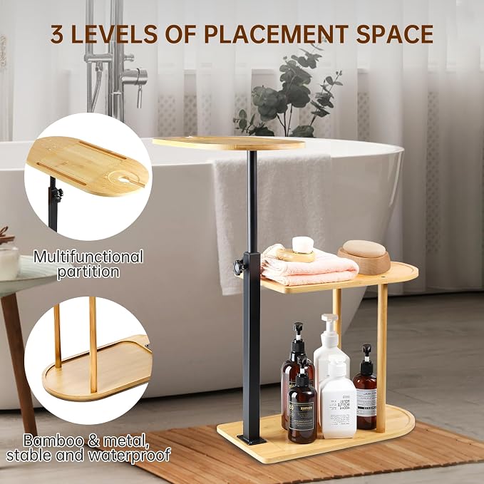 3 Layer Bamboo Bathtub Tray Table, Modern Design with 360 Swivel, Height Adjustable, Phone & Wine Glass Slots, Space-Saving for Bathroom, Bedroom, Kitchen