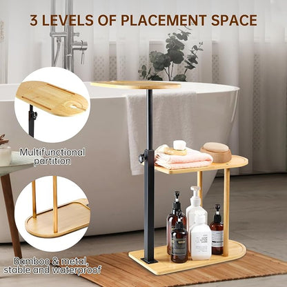 3 Layer Bamboo Bathtub Tray Table, Modern Design with 360 Swivel, Height Adjustable, Phone & Wine Glass Slots, Space-Saving for Bathroom, Bedroom, Kitchen