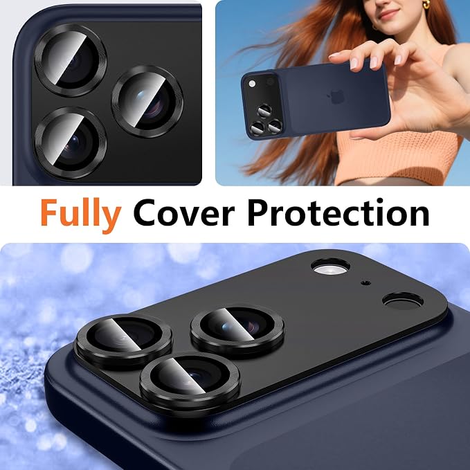 for iPhone 17 Pro Camera Lens Protector, [Military Grade Shatterproof] [Strong Adsorption] [Case Friendly] Full Coverage Metal Aluminum Alloy 9H Tempered Glass Camera Screen Cover, Black