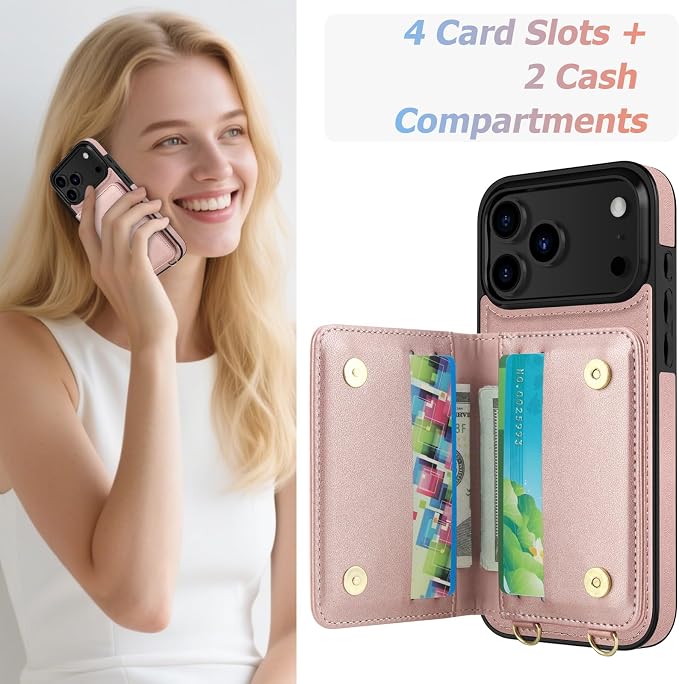 LOHASIC for iPhone 17 Pro Max Case Wallet with Detachable Crossbody Strap & Wrist Lanyard, RFID Blocking, 4 Card Slots 2 Cash Pockets, Leather Case with Card Holder for Women Girls, Rose Gold/Pink