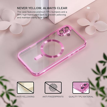 Misea Magnetic for iPhone 16 Plus Case Compatible with MagSafe [Never Yellowing] [Military Grade Drop Protection] Full Camera Lens Protector Plating Soft Clear Phone Case for Women 6.7 inch, Hot Pink