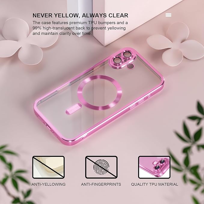 Misea Magnetic for iPhone 16 Case Compatible with MagSafe [Never Yellowing] [Military Grade Drop Protection] Full Camera Lens Protector Plating Soft Clear Phone Case for Women 6.1 inch, Hot Pink
