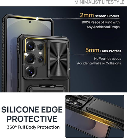 SSLOTSCASE for Samsung Galaxy S25 Ultra Case with 2X Screen Protector, HD Clarity Anti-Scratch, Card Holder & Kickstand & Slide Camera Lens Cover, Rugged Shockproof Phone Cover for S25 Ultra, Black