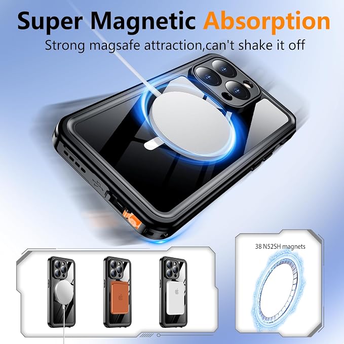 Temdan for iPhone 15 Pro MaxCaseWaterproof,Built-in Screen Protector [IP68 Underwater][15FT Military Dropproof][Dustproof][For MagSafe] 360 Full-BodyPhone Case-Black (CXFM-B 15ProMaxBlack-02)