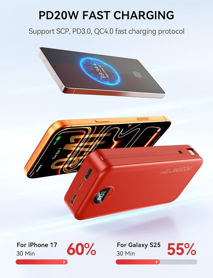 Nusyddy Portable Charger 20000mAh PD20W w/Built-in Cables & Wall Plug Red | PD20W Fast Charging, High Capacity, LED Display, Charge 5 Devices at once, TSA Approved, Compatible with iPhone/iPad/Samsung
