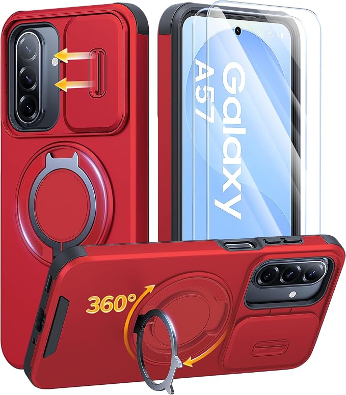 JAME for Samsung Galaxy A57 5G Case, Ring Holder Stand Kickstand, Slide Camera Cover, 2 Screen Protectors, Dual-Layer Shockproof Protective, Magnetic Accessory Friendly Galaxy A57 Phone Case, Red
