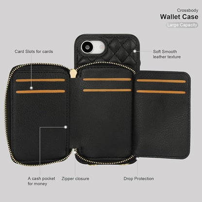Bocasal Crossbody Wallet Case for iPhone 17e/16e, RFID Blocking PU Leather Zipper Handbag Purse Flip Cover, Kickstand Folio Case with Card Slots Holder Wrist Strap Lanyard 6.1 Inch 5G (Black)