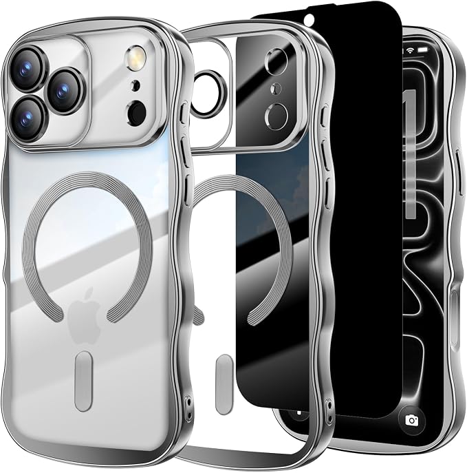Misscase Designed for iPhone 17 Pro Case 6.3",with Privacy Screen Protector*1,Cute Wave Frame Case with Camera Lens Protector,Compatible with MagSafe Plating Bling for Women Silver