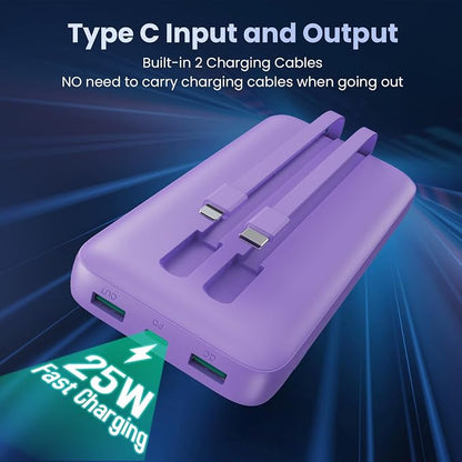 Portable Charger 40800mAh Power Bank with Built-in Cables,PD 25W USB C in&Out Power Bank Fast Phone Charging,QC4.0 5 Output Travel Camping Essential Battery Pack for iPhone 17/16,Samsung etc-Purple