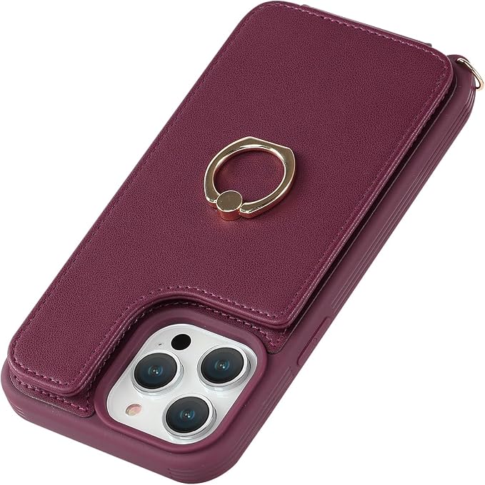 Lipvina for iPhone 14 Pro Max Case with Card Holder for Women,Phone Case with Strap,Crossbody Lanyard,RFID Blocking,Ring Stand,Snap Clasp,Cute Wallet Cases 6.7 inch (Wine Red)