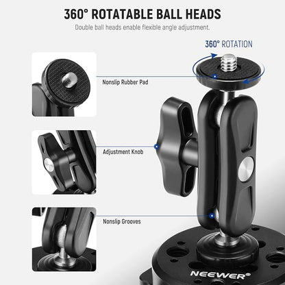 NEEWER 6" Suction Cup Camera Mount Compatible with GoPro, Metal Car Windshield Dash Ball Head Magic Arm with Action Cam Adapter Cleaning Cloth for DSLR Phone Holder, for POV Video Recording, CA013