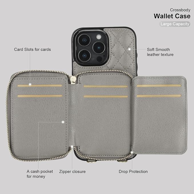Bocasal Crossbody Wallet Case for iPhone 16 Pro Max, RFID Blocking PU Leather Zipper Handbag Purse Flip Cover, Kickstand Folio Case with Card Slots Holder Wrist Strap Lanyard 5G 6.9 Inch (Grey)