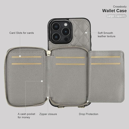 Bocasal Crossbody Wallet Case for iPhone 16 Pro Max, RFID Blocking PU Leather Zipper Handbag Purse Flip Cover, Kickstand Folio Case with Card Slots Holder Wrist Strap Lanyard 5G 6.9 Inch (Grey)