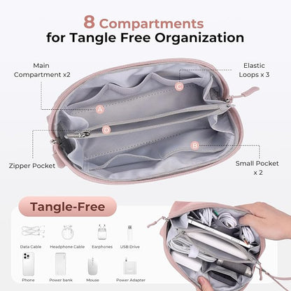 FYY Travel Cable Organizer - 8 Compartments, Lightweight, Water Repellent | With Wrist Strap, Portable Tech Pouch for Cord Charger, Travel and Business Trips Use, Soft Shell Nylon, Pink (Small)