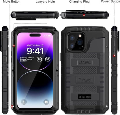 Beasyjoy for iPhone 14 Pro Max Waterproof Case, Metal Heavy Duty Case with Built-in Screen Protector, Full Body Protective Military Grade Shockproof Dustproof Defender Rugged Case 6.7 Inch, Black
