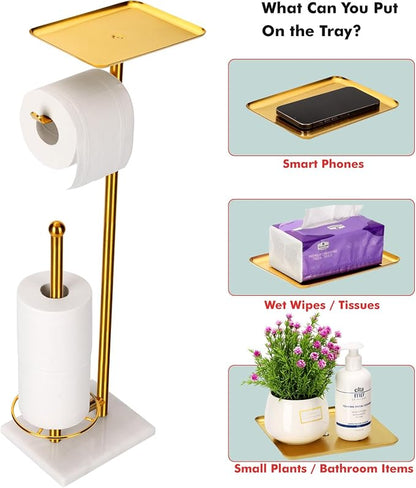Toilet Paper Holder with Tray at The Top, Sturdy Marble Base No Wobby, Holding Extra 3 Toilet Paper Rolls As Spare Use, Freestanding No Drilling (Gold)