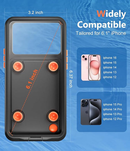 Underwater Phone Case for Snorkeling, [IP68 Waterproof] [Sensitive Inflated Touchscreen] [Precise Buttons], Only for 6.1" iPhone 16, 15/15 Pro, 14/14 Pro, 13/13 Pro, 12/12 Pro - Black
