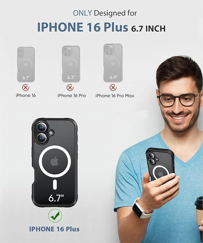 Compatible with iPhone 16 Plus Case, Built-in Screen Protector, with Camera Lens Protector, [Compatible with MagSafe] Matte Back Full Body Phone Case, Protective Cover for 16Plus 6.7" (Black)