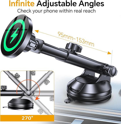 Coolpow for MagSafe Car Mount Charger【Ultra Magnet】Magnetic Phone Holders for Your Car Charger【Windshield+Vent+Dash】Magnetic Wireless Car Phone Holder Mount Charger Car Accessories for iPhone 17 16 15