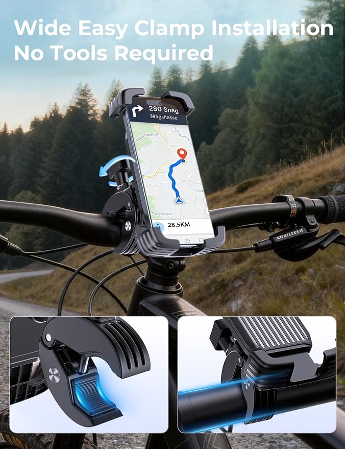 Bike Phone Holder Mount, Motorcycle Phone Mount, 360° Adjustable Phone Holde Mount for Bike and Motorcycle, Shockproof & Anti-Shake Design, Fits 4.7–7” Smartphones (Black)