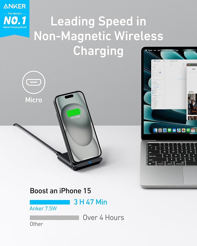 Anker 313 Wireless Charger (Stand), Qi-Certified for iPhone 17/17/17 Pro/17 Pro Max/15/14/13, 10W Fast-Charging Galaxy S23 S22 S21(No AC Adapter)
