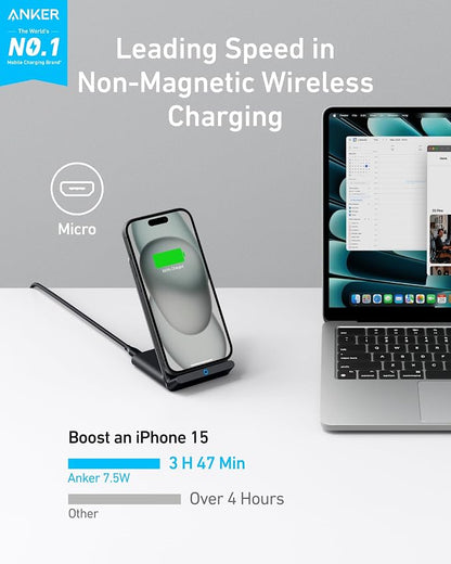 Anker 313 Wireless Charger (Stand), Qi-Certified for iPhone 17/17/17 Pro/17 Pro Max/15/14/13, 10W Fast-Charging Galaxy S23 S22 S21(No AC Adapter)