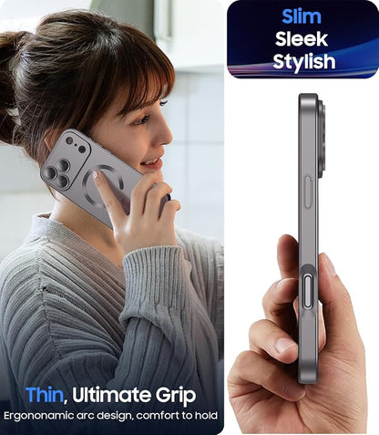 Magnetic for iPhone 17 Pro Max Case, Compatible with MagSafe, Built-in Camera Lens Protector, Slim Thin Soft Silicone Bumper Shockproof Metallic Luster Phone Case, Gray