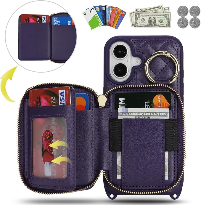 Crossbody Wallet Case for iPhone 17, PU Leather Zipper Handbag Purse Flip Cover, Kickstand Folio Case with Card Slots Holder Wrist Strap Lanyard 5G 6.3 Inch-Purple