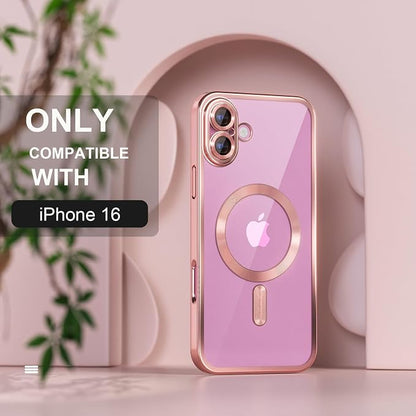 Misea Magnetic for iPhone 16 Case Compatible with MagSafe [Never Yellowing] [Military Grade Drop Protection] Full Camera Lens Protector Plating Soft Clear Phone Case for Women 6.1 inch, Pink