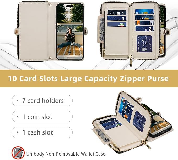 Rssviss Crossbody Case for iPhone 17 Case Wallet, RFID Blocking Leather with Card Holder Kickstand, Handbag Zipper Flip Cover with Wrist Strap for iPhone 17 Men Women 6.3", White
