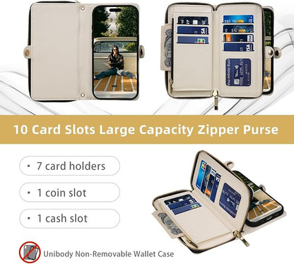 Rssviss Crossbody Case for iPhone 17 Case Wallet, RFID Blocking Leather with Card Holder Kickstand, Handbag Zipper Flip Cover with Wrist Strap for iPhone 17 Men Women 6.3", White