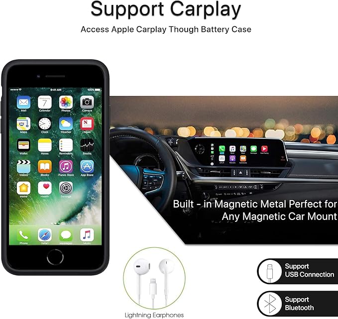 Battery Case for iPhone 6/6s/7/8/SE(2020/2022),Upgraded 10000mAh Rechargeable Portable Protective Extended Charger Case Compatible with iPhone 8/7/6s/6/SE2/3 (4.7 inch) Charging Case & Carplay (Black)