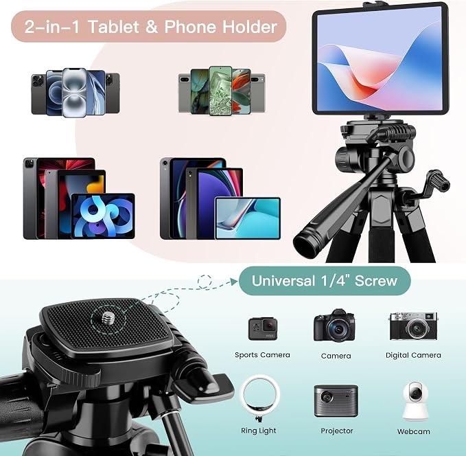 Camera Tripod Stand, 68" Phone Tripod for Tablet with Remote and Holder, Lightweight and Compact Travel Tripod for Canon Sony Camera, Compatible with DSLR, iPhone, iPad