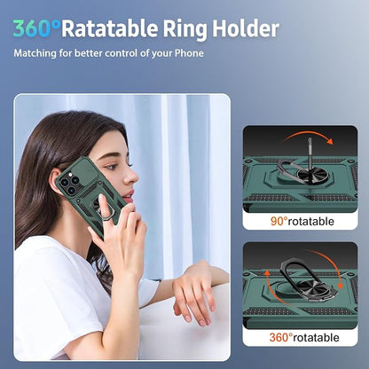 for iPhone 13 Pro Case with Camera Lens Cover, HD Screen Protector, 10 FT Military Grade Drop Protection, Magnetic Ring Holder Kickstand Protective Phone Case for iPhone 13 Pro, Pine Green