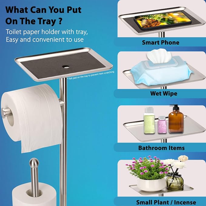 Noonext Toilet Paper Holder with Shelf, Freestanding Toilet Paper Stand with Tray for Small Items, Toilet Paper Holder Freestanding, Storage Space for 4 Extra Toilet Paper Rolls (Brushed Nickel)