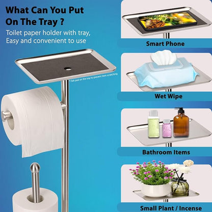 Noonext Toilet Paper Holder with Shelf, Freestanding Toilet Paper Stand with Tray for Small Items, Toilet Paper Holder Freestanding, Storage Space for 4 Extra Toilet Paper Rolls (Brushed Nickel)