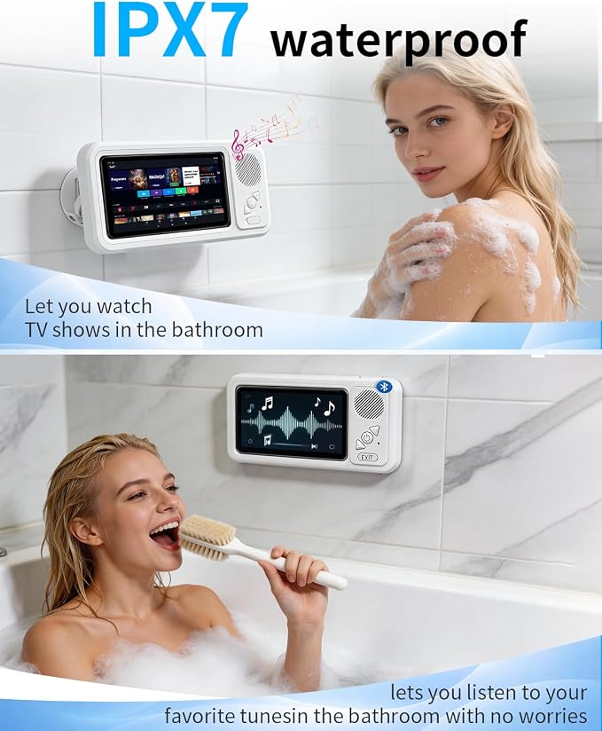in Shower Phone Holder Waterproof Bathroom Phone Case for Shower Speaker Landline Vintage with Speakers Buddy Under Water Proof Play Soeaker Suction Cup Mount Wall with Lights Mobile Scroller
