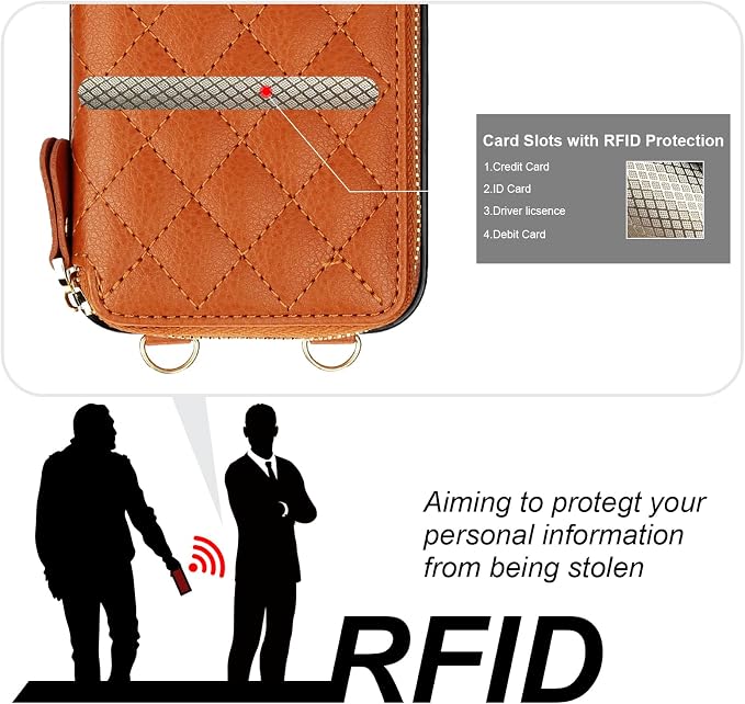 Bocasal Crossbody Wallet Case for iPhone 15 Pro Max, RFID Blocking PU Leather Zipper Handbag Purse Flip Cover, Kickstand Folio Case with Card Slots Holder Wrist Strap Lanyard 5G 6.7 Inch (Brown)