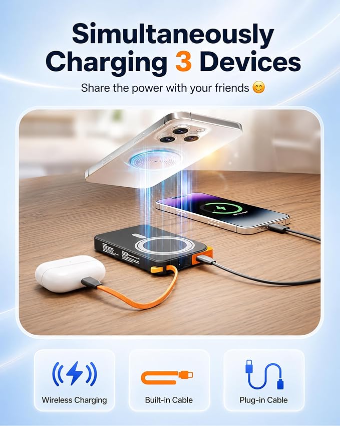 for Magsafe Portable Charger, 3-in-1 Magnetic Power Bank with Stand, 10000mAh Wireless Battery Pack Fast Charging with Built in Cable(USB C), Powerbank for iPhone17/16/15/14/13 Travel & Daily, Green