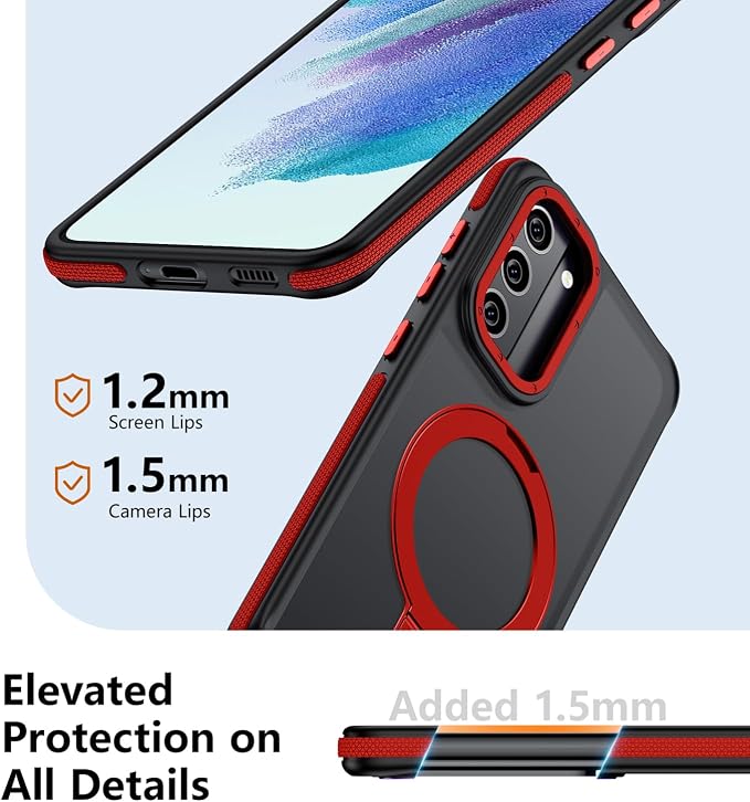 for Samsung Galaxy S21 FE Case, Magnetic Adjustable Ring Stand [Fit for Magsafe], [Military-Grade Shockproof Protection] Phone Case with Kickstand&Ring Holder (Red)