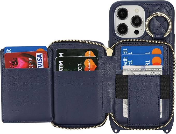 Crossbody Wallet Case for iPhone 14 Pro Max, PU Leather Zipper Handbag Purse Flip Cover, Kickstand Folio Case with Card Slots Holder Wrist Strap Lanyard 5G 6.7 Inch-Blue