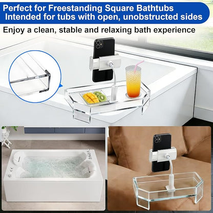 Clear Acrylic Bath Tub Tray Hot Tub Tray with Adjustable Phone&Tablet Holder, Modern Bath Table Tray for Bathtub,Spa Bath Caddy that Can Be Used as a Hot Tub Side Table,Fits Freestanding Square Tubs