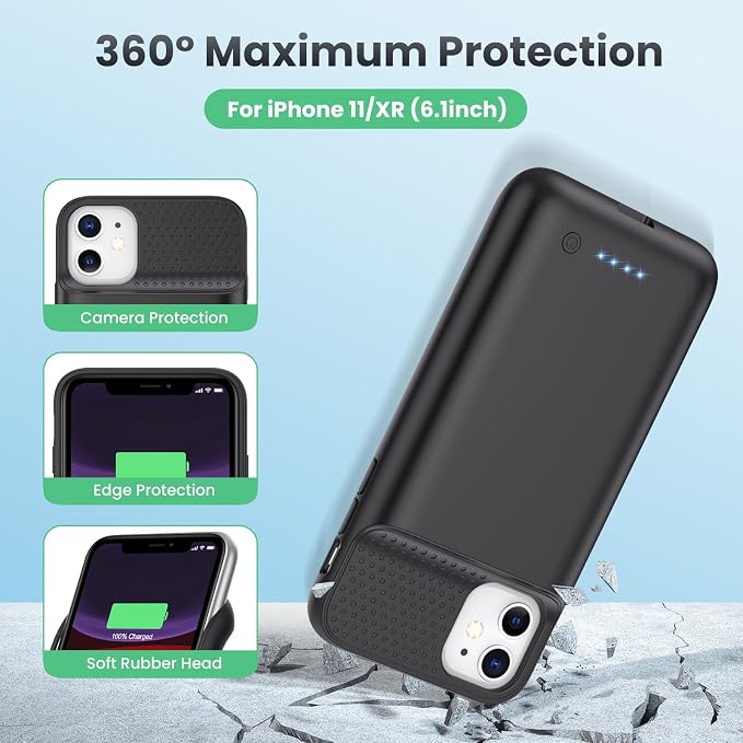 Battery Case for iPhone 11/XR (6.1inch),Upgraded 7500mAh Slim Portable Charger Case Cover,External Battery Pack Charging Case with Tempered-Glass Screen Protector for iPhone 11/iPhone XR (Black)
