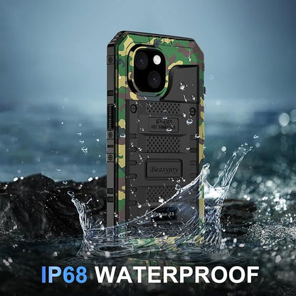 Beasyjoy for iPhone 15 Case Waterproof, Metal Heavy Duty Full Body Protective Case with Built-in Screen Protector, Military Grade Shockproof Dustproof Defender Rugged Cover for iPhone 15 6.1", Camo