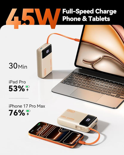INIU 45W Portable Charger, Smallest 20000mAh Power Bank with Build in USB-C Cable, Fast Charging USB C in&Out Battery Pack, Travel Phone Charger for iPhone 17 16 15 Air Samsung S25 S24 Google, Beige